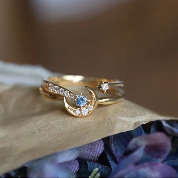 18k GOLD PLATING OVER SOLID STERLING SILVER 925 STAR & MOON STACKABLE RING - Picture 7 of 7